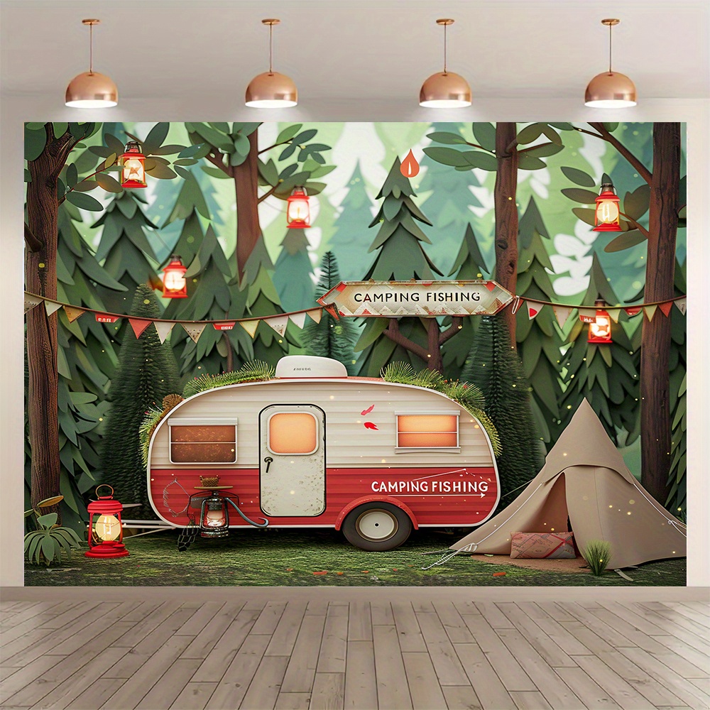 Outdoor Adventure Background - แบนเนอร์ธีมป่าตั้งแคมป์โพลีเอสเตอร์ RV และเต็นท์ฉากผจญภัยกลางแจ้งเหมาะสำหรับงานปาร์ตี้การถ่ายภาพ