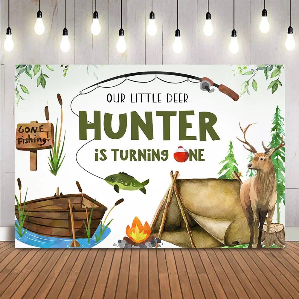 Outdoor Adventure Background - การล่าสัตว์ตกปลาวันเกิดกวางปลาผจญภัยกลางแจ้ง Camping First วันเกิดภาพพื้นหลัง Wild One