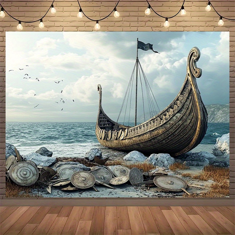 Outdoor Adventure Background - ฉากหลังการถ่ายภาพการผจญภัยของไวกิ้งขนาดใหญ่และแบนเนอร์งานปาร์ตี้ - โพลีเอสเตอร์สำหรับฉากเรือนอร์ดิก งานปาร์ตี้ในร่ม/กลางแจ้ง