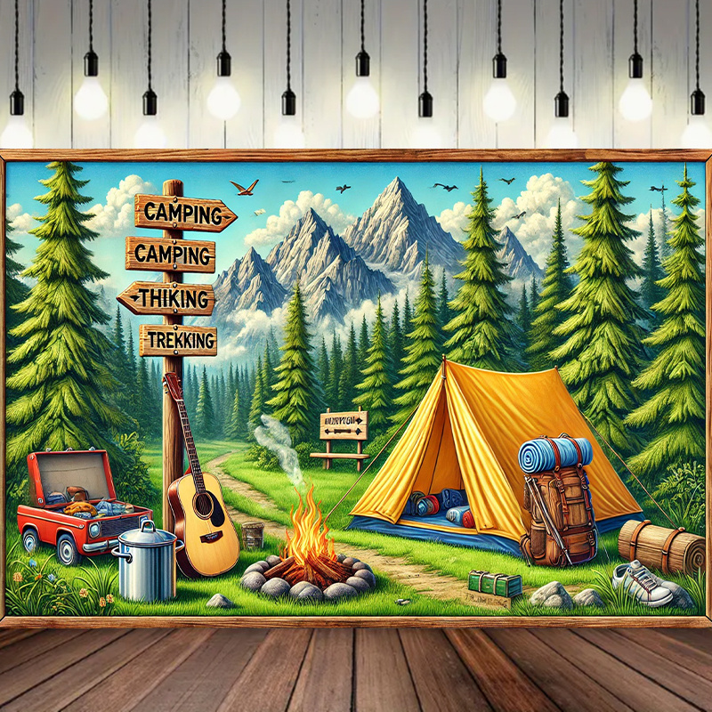 Outdoor Adventure Background - พื้นหลังการตั้งแคมป์และการผจญภัยกลางแจ้ง 1 ชิ้น ผ้าทอ ไม่จําเป็นต้องใช้ไฟฟ้า น้ําหนักเบา