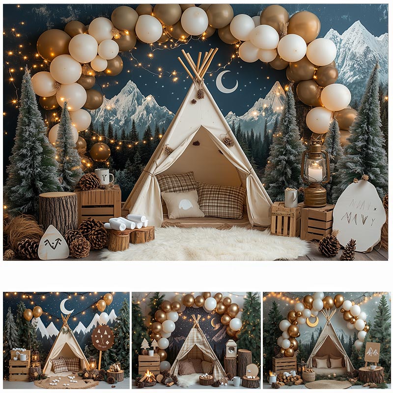 Outdoor Adventure Background - ฉากหลังถ่ายภาพแคมป์ปิ้งกลางคืน ป่า เต็นท์ เตาไฟ พระจันทร์ ฉากหลังวันเกิด