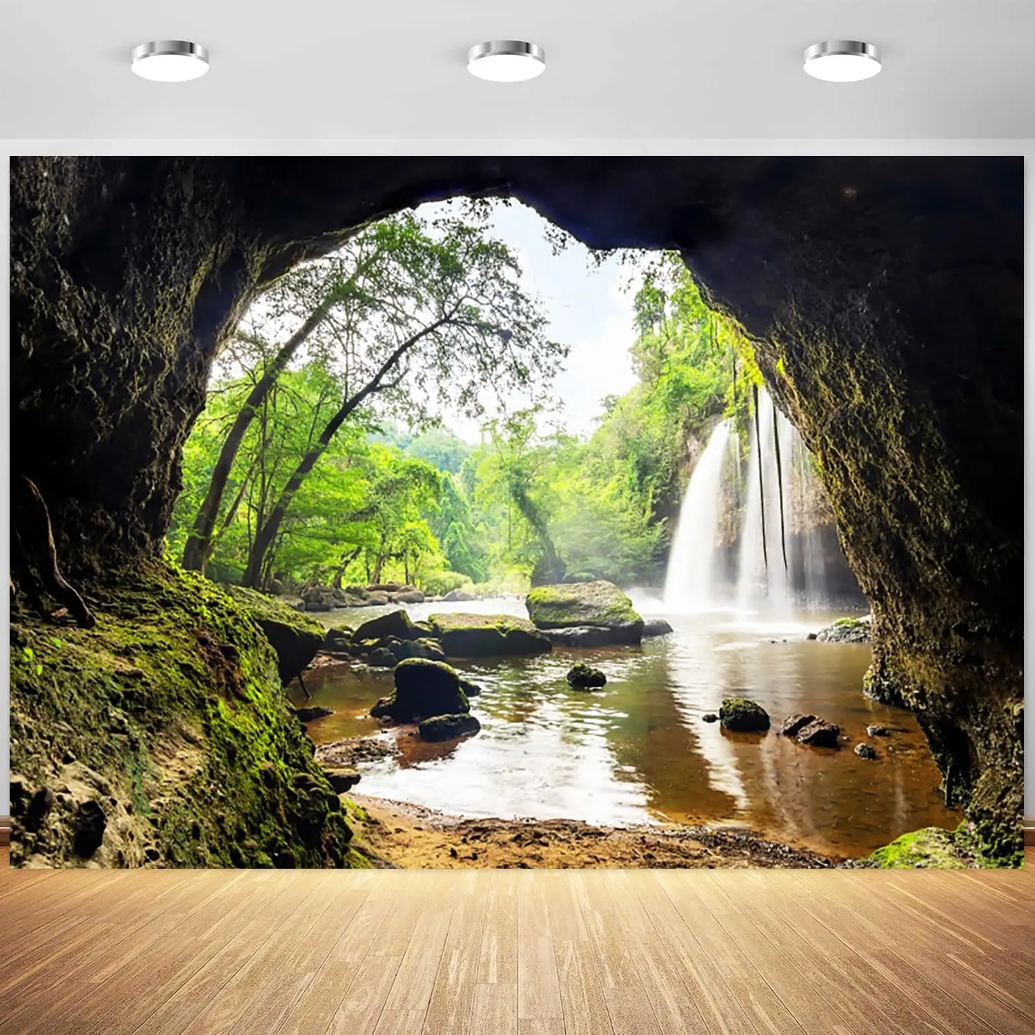 ป่า น้ำตก ภูเขา ถ้ำ ต้นไม้สีเข - Outdoor Adventure Background บทวิจารณ์และราคา